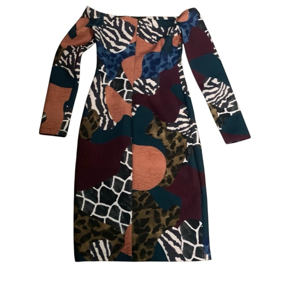 Yigal Azrouel 2 Multicolor Mash Up Animal Print Off Shoulder Long Sleeve Dress - Picture 4 of 7